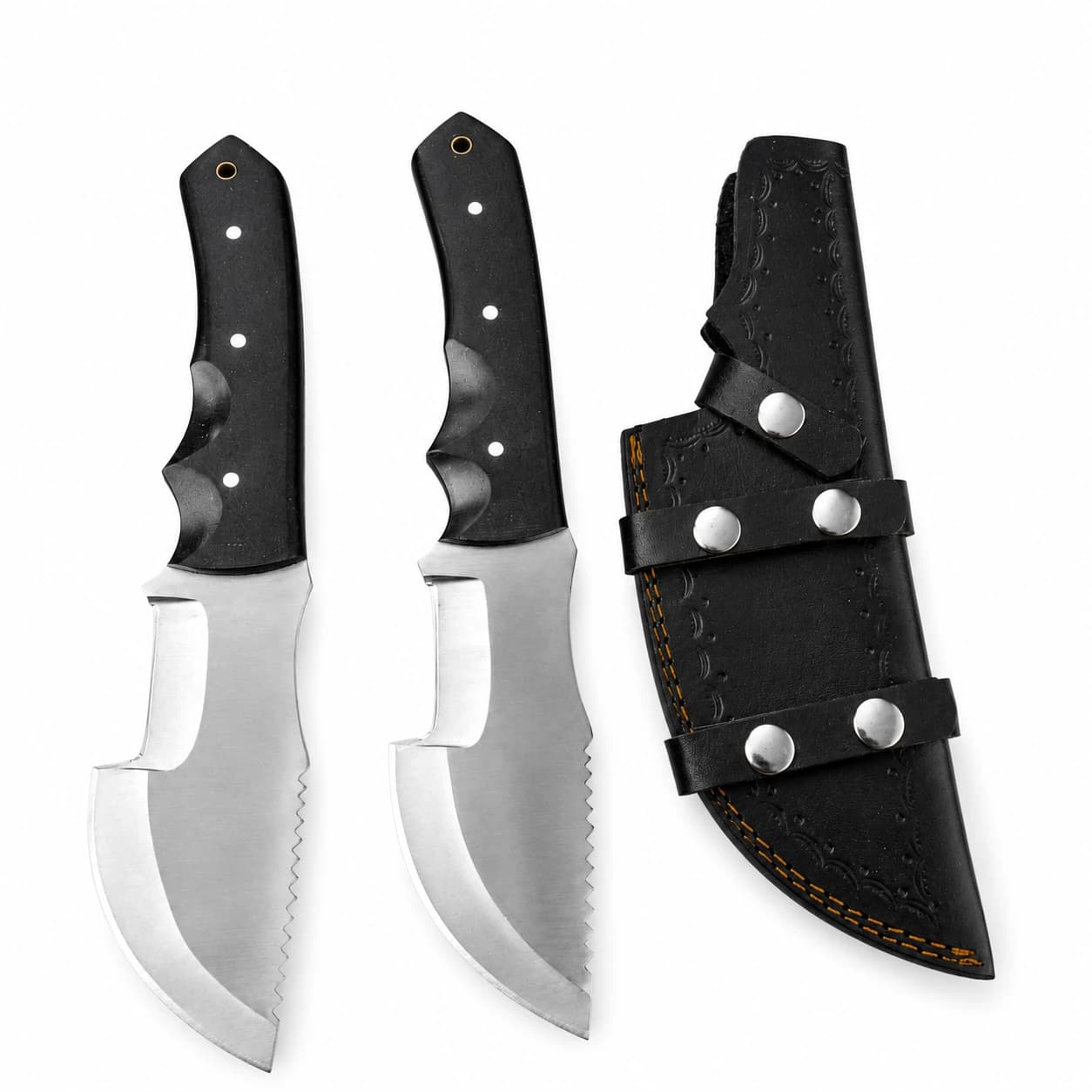 Two black-handled D2 steel knives beside a black leather sheath stitched in orange