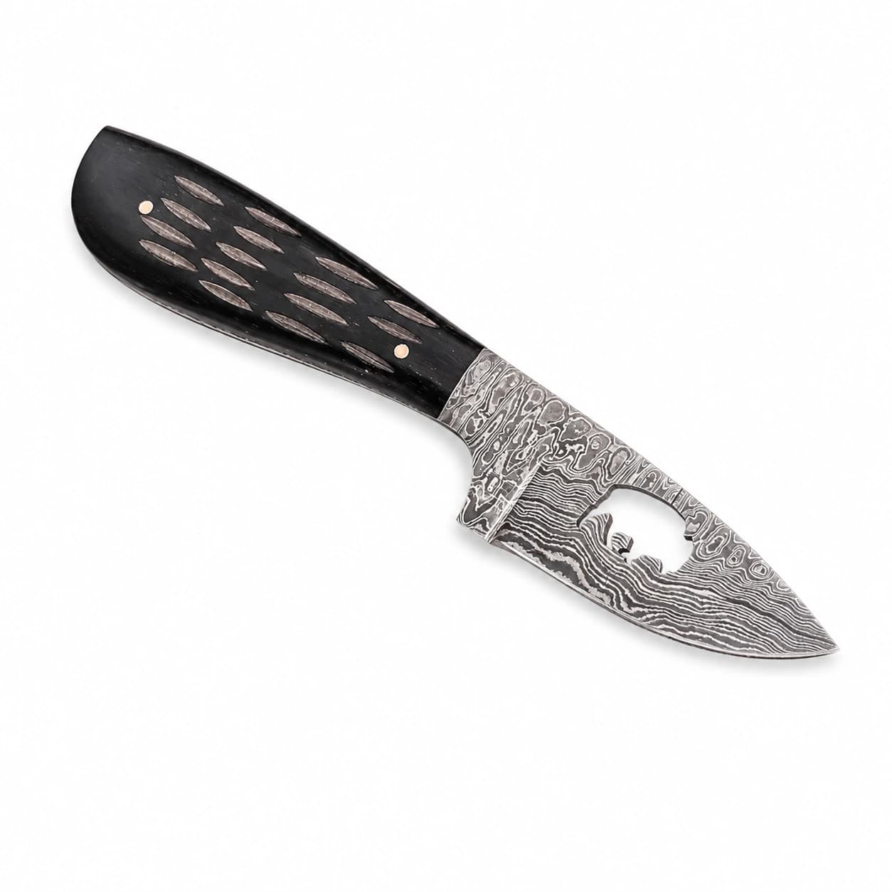 Damascus skinning knife with a black handle and a shaped cut-out through the blade