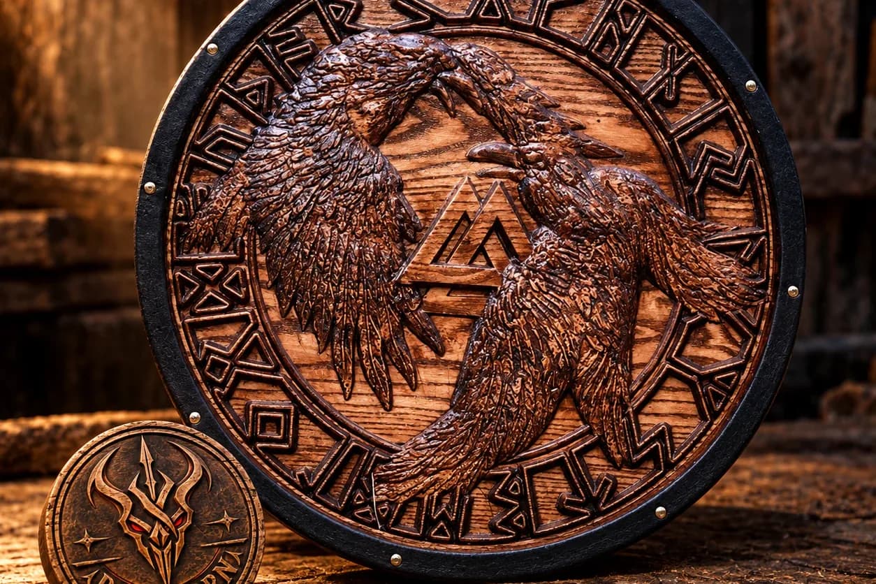 A carved raven shield on a rustic table in a lantern-lit hall