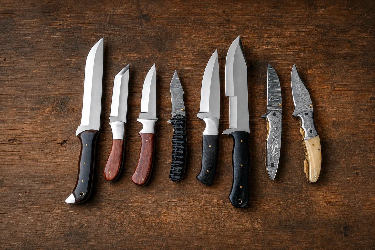 Eight hunting knives laid in a row on weathered timber, six with plain satin blades and two with forged Damascus blades