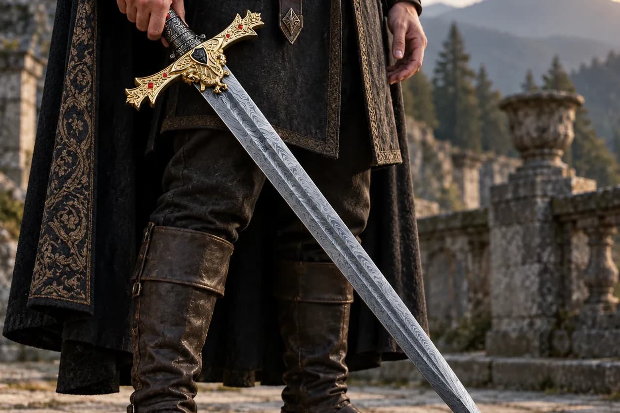 A cloaked figure holding an ornate gold-hilted ceremonial sword point-down on castle steps