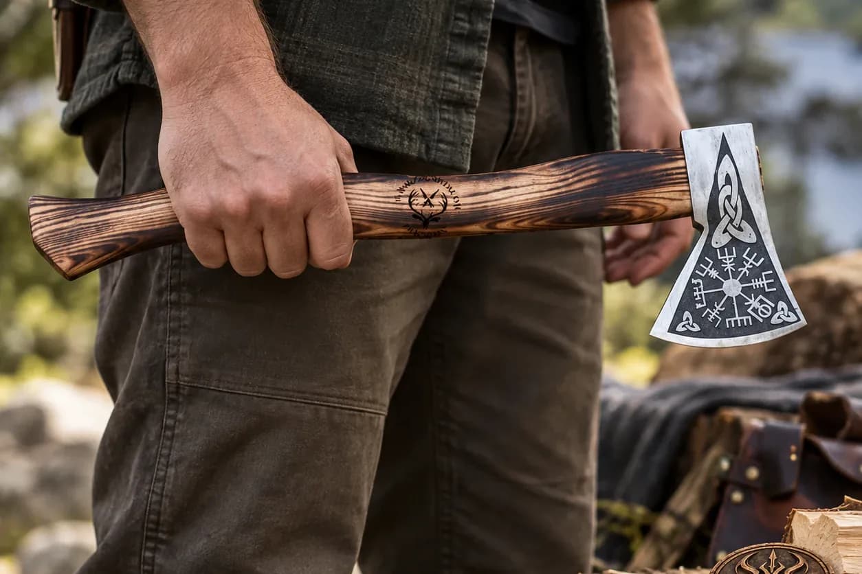 A Vegvisir-etched Viking hand axe held at a man's side in a forest