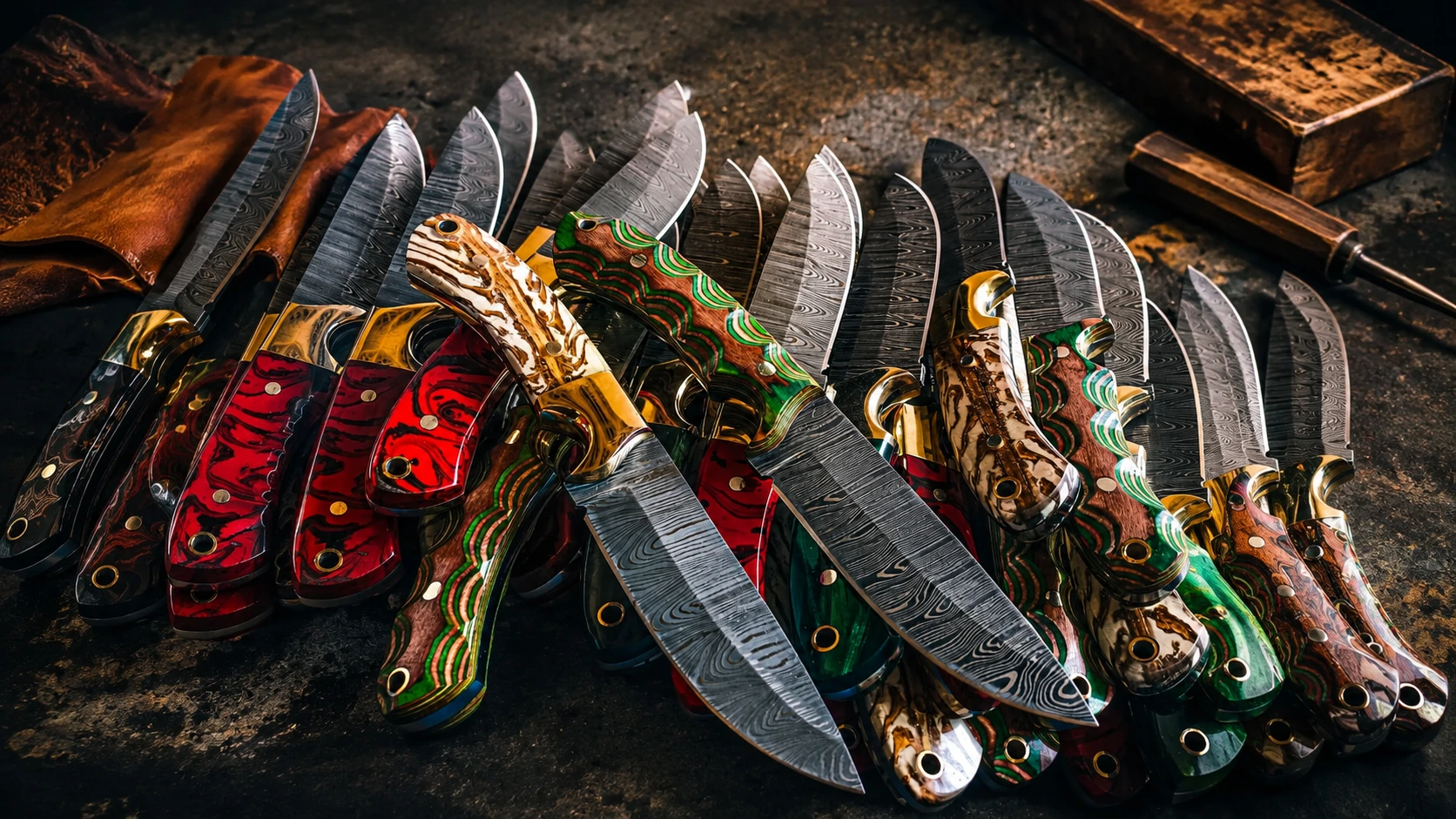 Two dozen finished Damascus hunting knives fanned across dark stone, handles in red and green laminate, stag and polished wood
